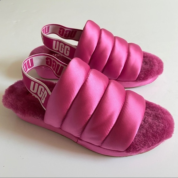 New UGG Fuchsia Puff Yeah Satin Slides Slippers Sandals 7 - Picture 3 of 8